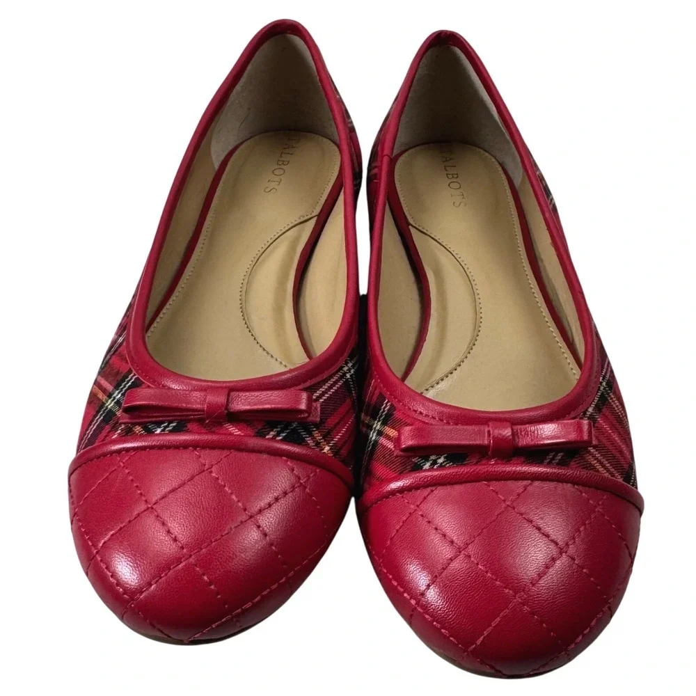 Talbots Ballet Flats Women 8.5M Red Plaid Tartan Quilted Preppy Shoes Academia